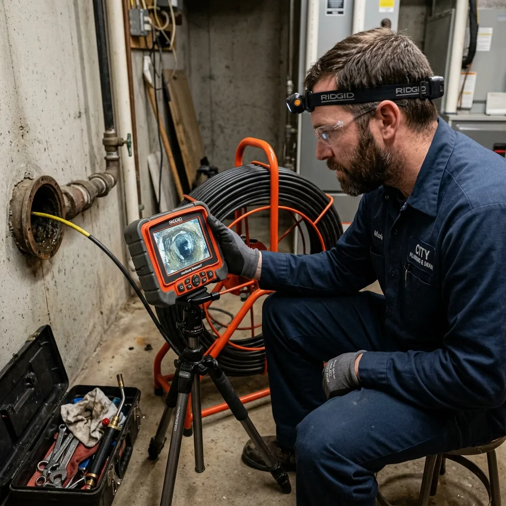 Inspection par caméra endoscopique — visualisation de l'état interne des canalisations Plombier visualisant l'intérieur d'une canalisation sur un écran grâce à une caméra d'inspection endoscopique à Lorient